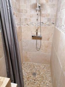 La salle de bains est pourvue d'une douche avec rideau de douche. dans l'établissement Agréable maison de village., à Castellane