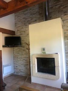 a fireplace in a living room with a stone wall at Domaine Harrieta in Saint-Jean-le-Vieux +9 photos