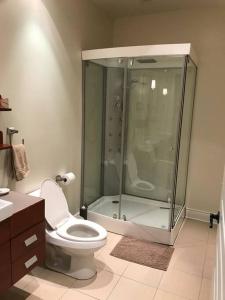 uma casa de banho com um chuveiro, um WC e um lavatório. em Condo-hôtel Le Champlain - Condo103 Bromont em Bromont