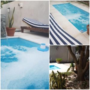 dos fotos de una piscina y un banco en Alborada en San Fernando del Valle de Catamarca