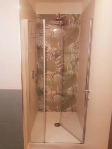 a shower stall with a glass door in a bathroom at La Casina di Nonna Giulia in Castiglione dʼOrcia