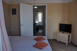 a bedroom with a bed and a television and a room at Evdilos apartments with a view in Evdilos