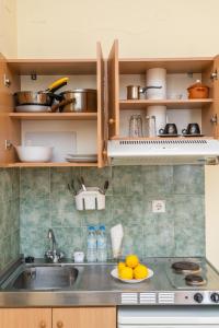 a kitchen with a sink and a plate of oranges on the counter at Lemon Art Hotel Apartments in Tolo