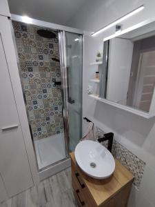 a bathroom with a sink and a shower at Apartament w Lądku Zdroju przy Rynku in Lądek-Zdrój