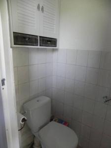 een witte badkamer met een toilet en een kast bij Charmant gîte 2 étoiles, parking privé à Ruoms in Ruoms