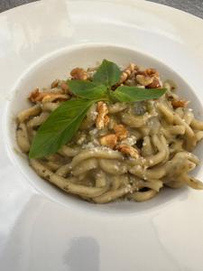 a white bowl of pasta with greens and nuts at agriturismo villa amerina in Corchiano