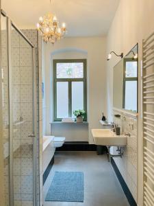 uma casa de banho com um lavatório, um WC e um espelho. em Ferienwohnung im Gästehaus em Meissen