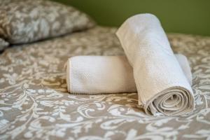ein paar Handtücher auf dem Bett in der Unterkunft Appartement Bocuse -terrasse -Oullins-Lyon in Oullins