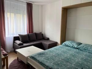 1 dormitorio pequeño con 1 cama y 1 sofá en Apartment Centar, en Podgorica