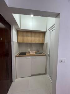 una pequeña cocina con armarios blancos y fregadero en Apartment Centar, en Podgorica