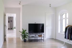 ein Wohnzimmer mit einem Flachbild-TV auf einem Tisch in der Unterkunft The Modern House in Raciechowice