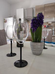 três copos de vinho numa mesa com um vaso de flores roxas em Apartmani Žak em Pridraga