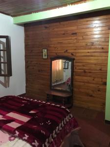 a bedroom with a bed with a mirror and a tv at La Nona in Puerto Iguazú