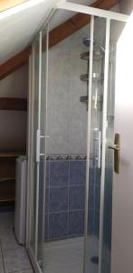 uma casa de banho com um chuveiro e uma porta de vidro em Maison cosy au cœur du Lochois em Loches