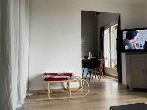 een woonkamer met een stoel en een tv. bij Appartement charmant - Allos in Allos