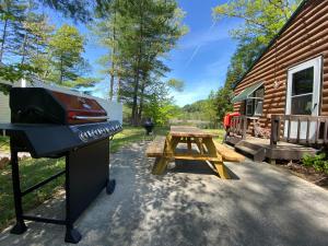 mesa de picnic con barbacoa en Adirondack Waterfront Cabin Upper Hudson Tributary en Lake Luzerne