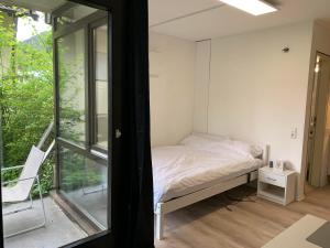 a bedroom with a bed and a glass window at Kleines Einzimmer-Apartment 14 in Bad Wildbad