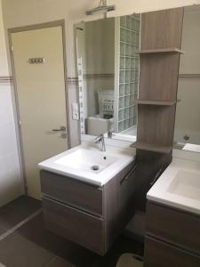 La salle de bains est pourvue d'un lavabo et d'un miroir. dans l'établissement Belle Villa provençale avec piscine à Brignoles, à Brignoles
