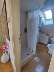 een badkamer met een douche met een wit douchegordijn bij istanbul apartment 4 in Belgrado