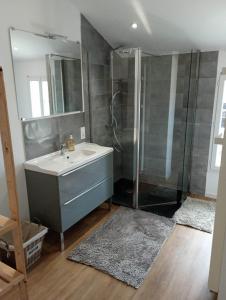 ein Bad mit einem Waschbecken und einer Dusche in der Unterkunft Chambre d'hôtes dans maison charentaise in Mortiers