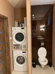 uma casa de banho com uma máquina de lavar roupa e um WC em Dovolenkový dom eLAra em Smizany