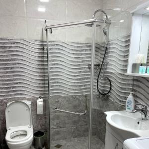 a bathroom with a shower and a toilet and a sink at Angel Apartment in Porta Batumi in Batumi