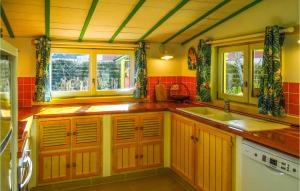 eine Küche mit Holzschränken, einem Waschbecken und 2 Fenstern in der Unterkunft Nice Home In Plouguerneau With Wifi in Plouguerneau