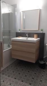a bathroom with a sink and a mirror and a shower at Splendide T2 face à la mer, terrasse, wifi in Hendaye