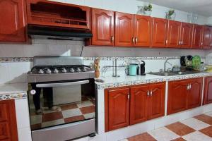 a kitchen with wooden cabinets and a stove top oven at Casa Rosa in Tepotzotlán