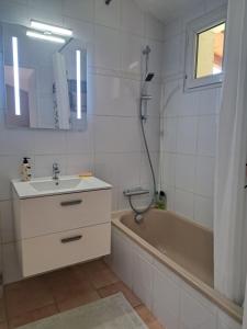 La salle de bains est pourvue d'un lavabo et d'une baignoire. dans l'établissement Studio avec jardin à 5 min du Parc Walibi, à Roquefort