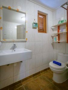 een badkamer met een wastafel, een toilet en een spiegel bij Djambo in Kralendijk