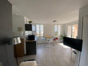 a large living room with a table and a living room at CARQUEIRANNE STUDIO DE CHARME PROCHE PLAGES in Carqueiranne
