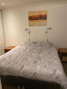 Ce lit se trouve dans une chambre ornée d'une peinture murale. dans l'établissement Chalet, à Nistelrode