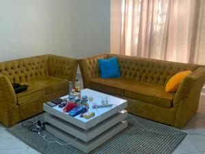 ナイロビにあるgold-apartment-and-luxury-homeのリビングルーム(ソファ、コーヒーテーブル付)