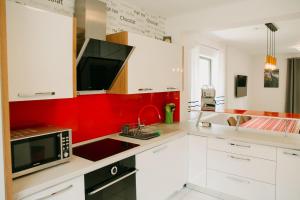 a kitchen with white cabinets and a red wall at CABANA BERNER stațiunea Mogoșa in Baia-Sprie