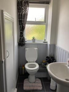 a bathroom with a toilet and a sink and a window at Riverview Apartment in Buncrana