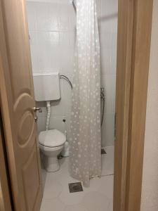 y baño con aseo y cortina de ducha. en Aleksija i Atanasija, en Bečići