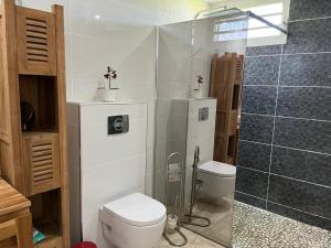 une salle de bain avec toilettes et douche dans l'établissement Villa Liliana, à Sainte-Rose