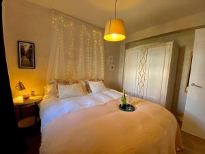 1 Schlafzimmer mit 2 Betten und einer Flasche Wein in der Unterkunft Junto al casco antiguo con terraza in Sevilla