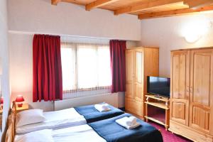 a hotel room with a bed and a television at Discovery Apartment Bansko in Bansko