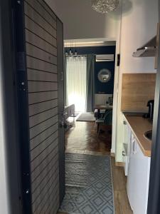 uma porta que leva a uma cozinha e a uma sala de estar em Bulevard Apartments em Satu Mare