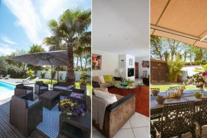 drei verschiedene Ansichten eines Hauses mit Pool in der Unterkunft Villa Hibiscus à 10 min de l'océan in Saubion