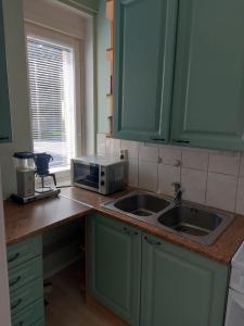 uma cozinha com armários verdes, um lavatório e um micro-ondas em Kiertokatu apartment em Pori