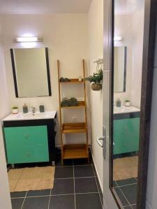 La salle de bains est pourvue de 2 lavabos et de 2 miroirs. dans l'établissement Studio cosy - Situé au Tampon, à Le Tampon