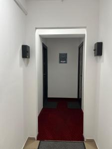 un couloir avec un tapis rouge et un mur blanc dans l'établissement Bulevard mansards, à Satu Mare