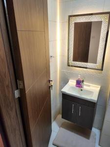 ein Badezimmer mit einem Waschbecken, einem Spiegel und einem WC in der Unterkunft Rana's apartment in Amman