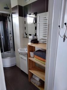 een badkamer met een wastafel, een toilet en een spiegel bij Wygodny apartament blisko morza in Łokciowe