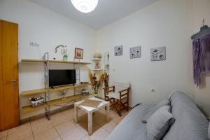 a living room with a couch and a tv at Harmony villa in Sivota