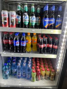 a refrigerator filled with lots of bottles of soda at Pensiunea El Greco in Axente Sever