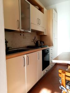 a kitchen with white cabinets and a black oven at Agriturismo Podere Verdicchio in Scansano